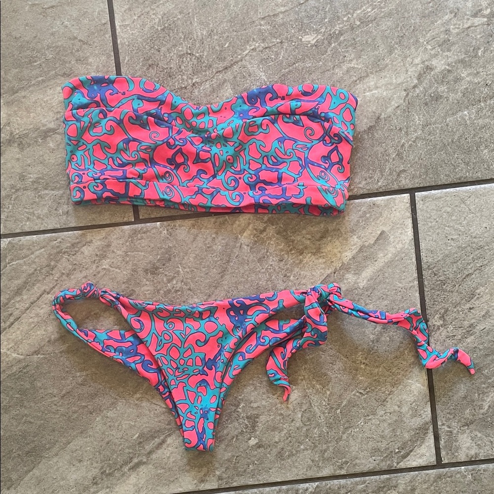 Indah Pink and Turquoise Patterned Bandeau Bikini